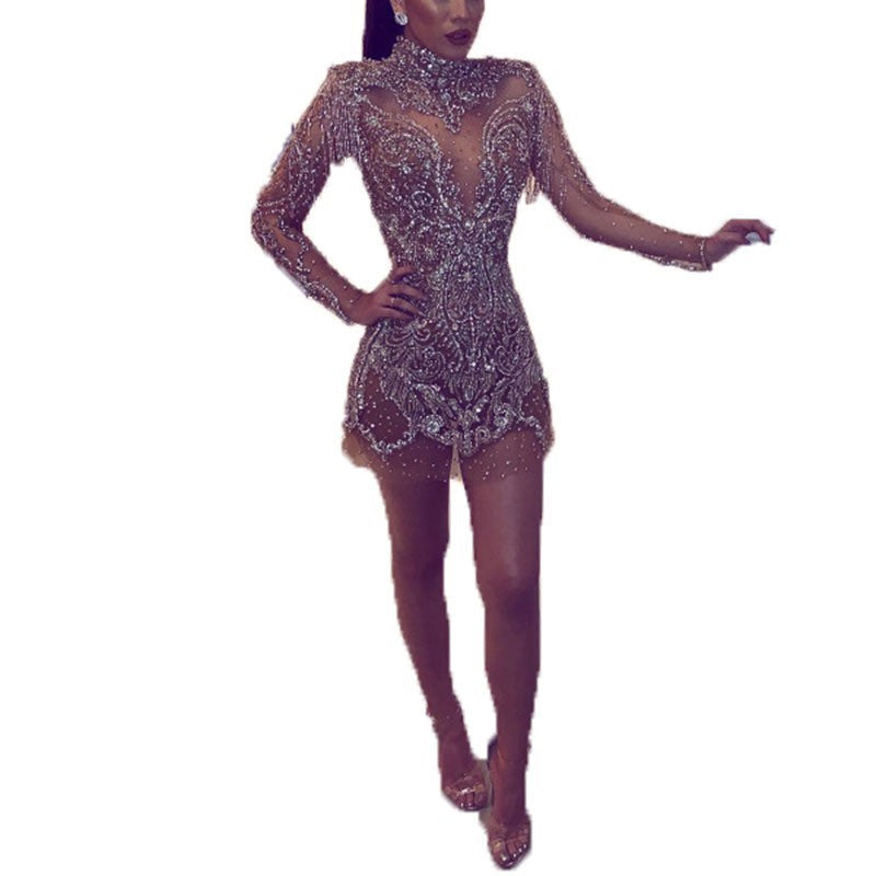 2025 New Summer Cross-Border Amazon European and American Clothing Dress with Gold Backless Transparent Cut Out Sexy Miniskirt