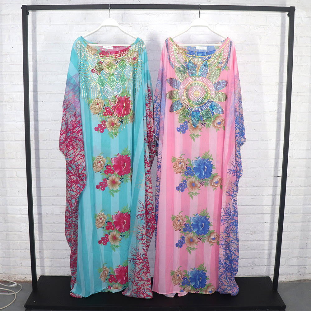 Cross-border AliExpress Independent Station African Ethnic Style Large Swing Dress Chiffon Hot Drilling Beads with Elastic Inner Skirt