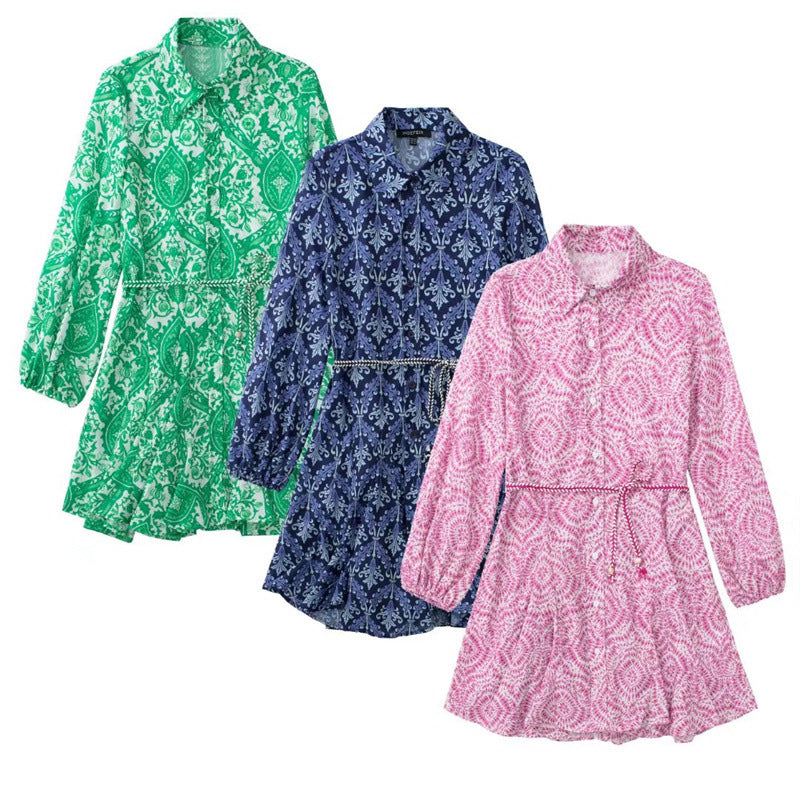 Cross-Border Wholesale Foreign Trade European and American Women's Clothing 2022 Summer Lace-Up Printed Long-Sleeved Shirt-Style Dress European and American Style
