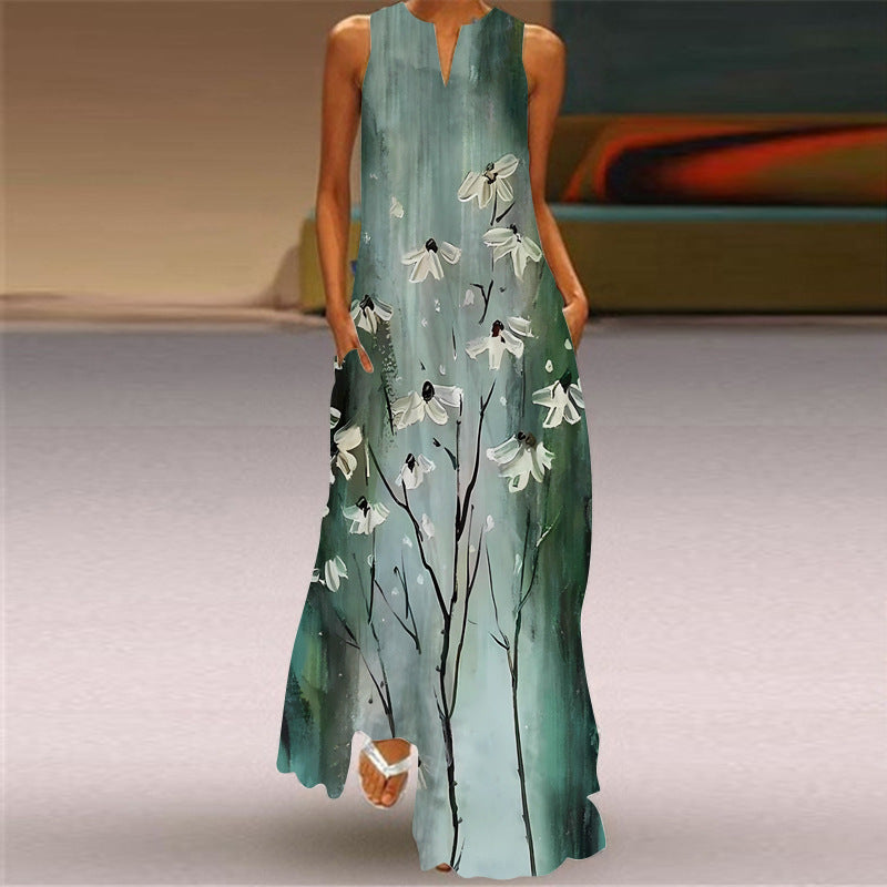 2026 Summer Independent Brand New European and American Retro Print Long Dress V-Neck Multi-Color Long Sexy Sleeveless Dress