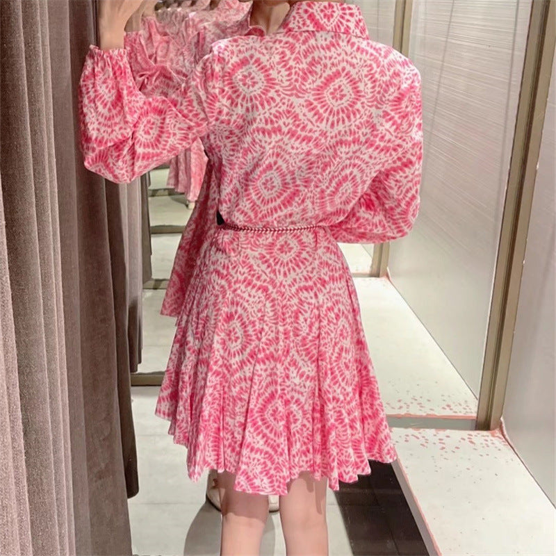 Cross-Border Wholesale Foreign Trade European and American Women's Clothing 2022 Summer Lace-Up Printed Long-Sleeved Shirt-Style Dress European and American Style