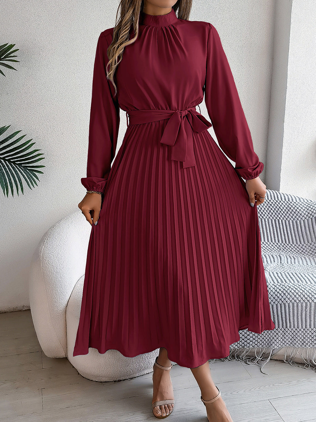 2026 European and American Spring/Summer Elegant Stand Collar Long Sleeve Waist-Cinched Pleated Long Dress Mini Dress Amazon Cross-Border Women's Clothing