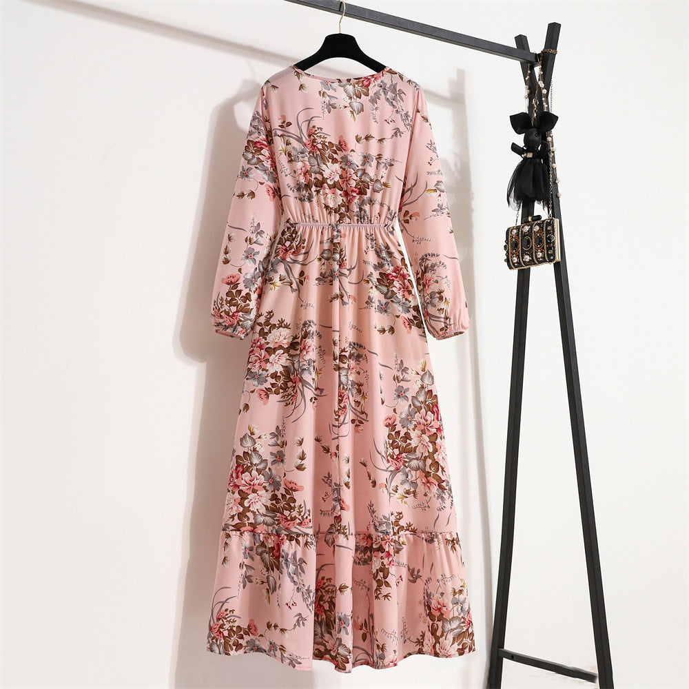 Cross-border Foreign Trade Floral Chiffon Long Dress Women's Spring Dress Long Sleeve Crewneck Base Skirt Waist Slim Long Dress