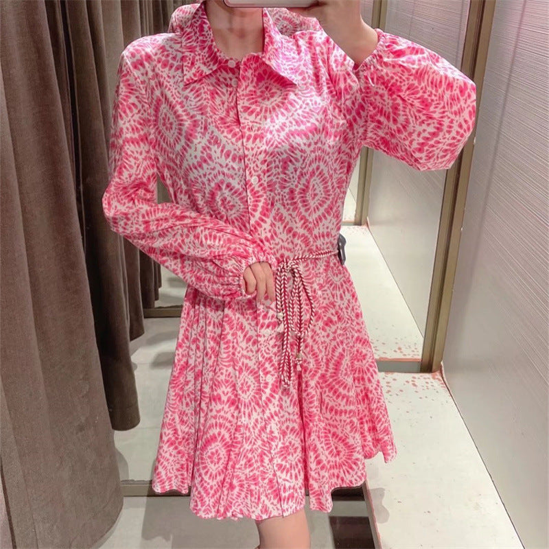Cross-Border Wholesale Foreign Trade European and American Women's Clothing 2022 Summer Lace-Up Printed Long-Sleeved Shirt-Style Dress European and American Style