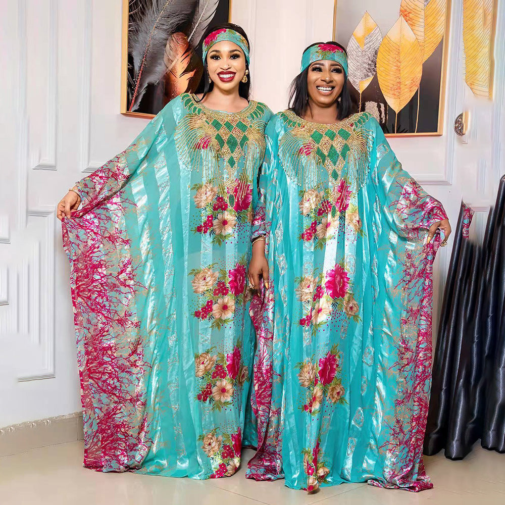 Cross-border AliExpress Independent Station African Ethnic Style Large Swing Dress Chiffon Hot Drilling Beads with Elastic Inner Skirt