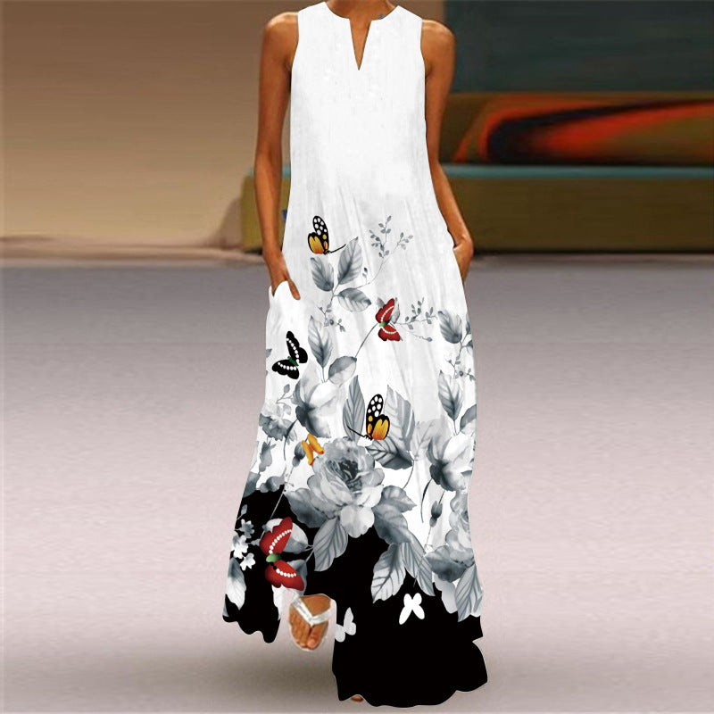 2026 New Summer Women's Sleeveless Long Dress V-Neck Floral Print Dress European and American Cross-Border Foreign Trade Women's Clothing