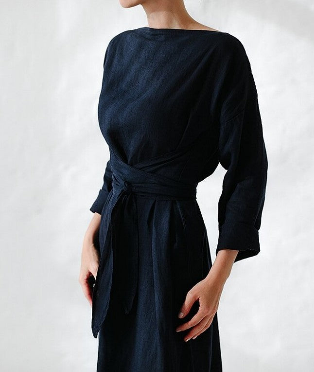 2023 new cotton and linen dress long sleeve off-neck lace-up dress