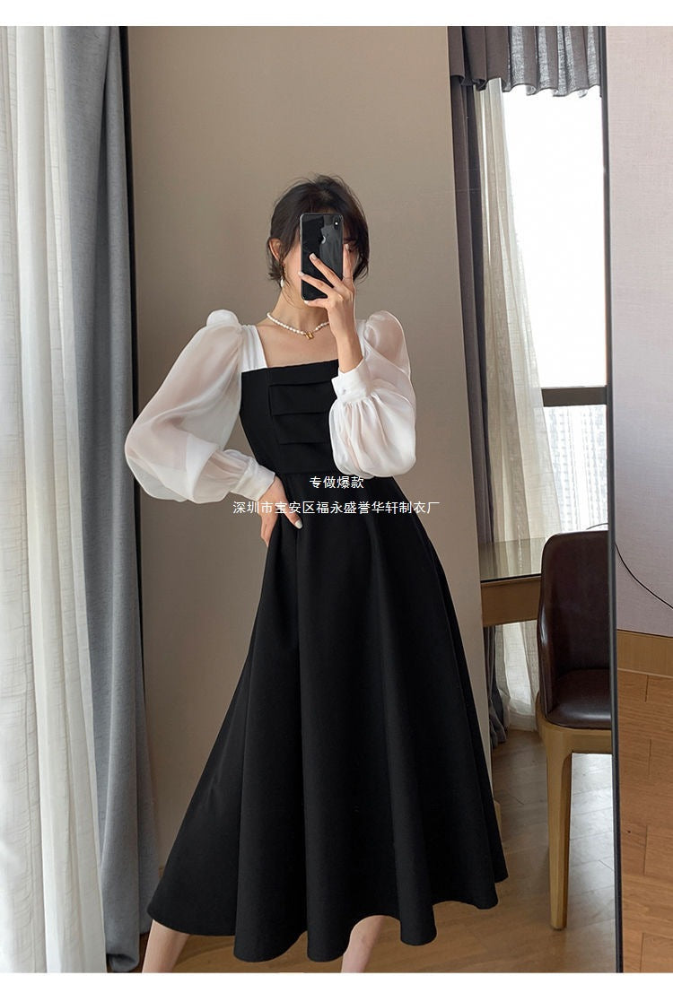 Long-sleeved Black Fried Street Hao Benfeng dress Women's New Spring and Autumn Stitching Square Collar French Skirt Vintage A- line Skirt