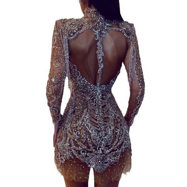 2025 New Summer Cross-Border Amazon European and American Clothing Dress with Gold Backless Transparent Cut Out Sexy Miniskirt