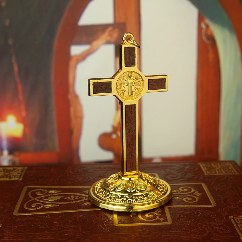 Catholic Cross Saint Benedict Cross 3.5In Gold Silver Plated Alloy Craft Church Spiritual Gift Religious Decor