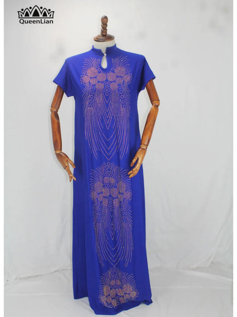 New African Design Bazin  Long Stick Diamond Short Sleeve High Collar Dashiki  For Lady african print dresses