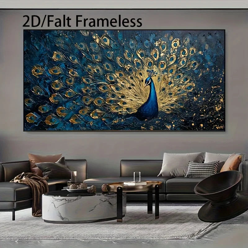 2D/Flat Large Modern Elegant Peacock Canvas Wall Art Unframed Abstract Vivid Blue and Golden Canvas Prints for Living Room Decor