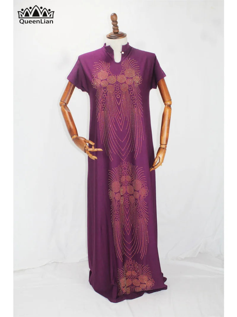 New African Design Bazin  Long Stick Diamond Short Sleeve High Collar Dashiki  For Lady african print dresses