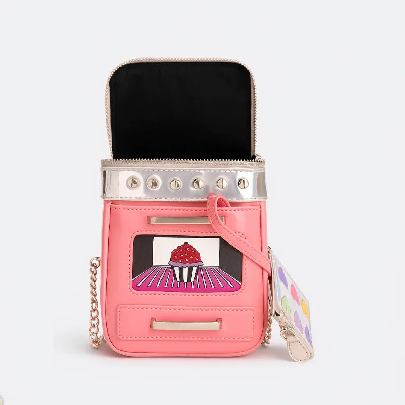 Pink Phone Bag Thin Chain Shoulder Strap Design Crossbody Bag Contrasting Colors Box Shaped Bag With Pendant Zipper Square Bag
