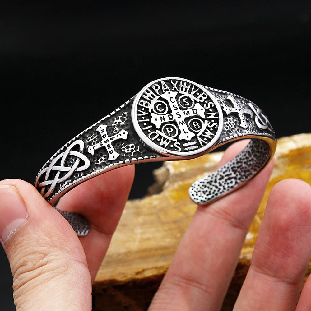 New Classic Saint Benedict CSPB Bracelet For Men Women Stainless Steel Fashion Cross Opening Bangles Biker Jewelry Dropshipping