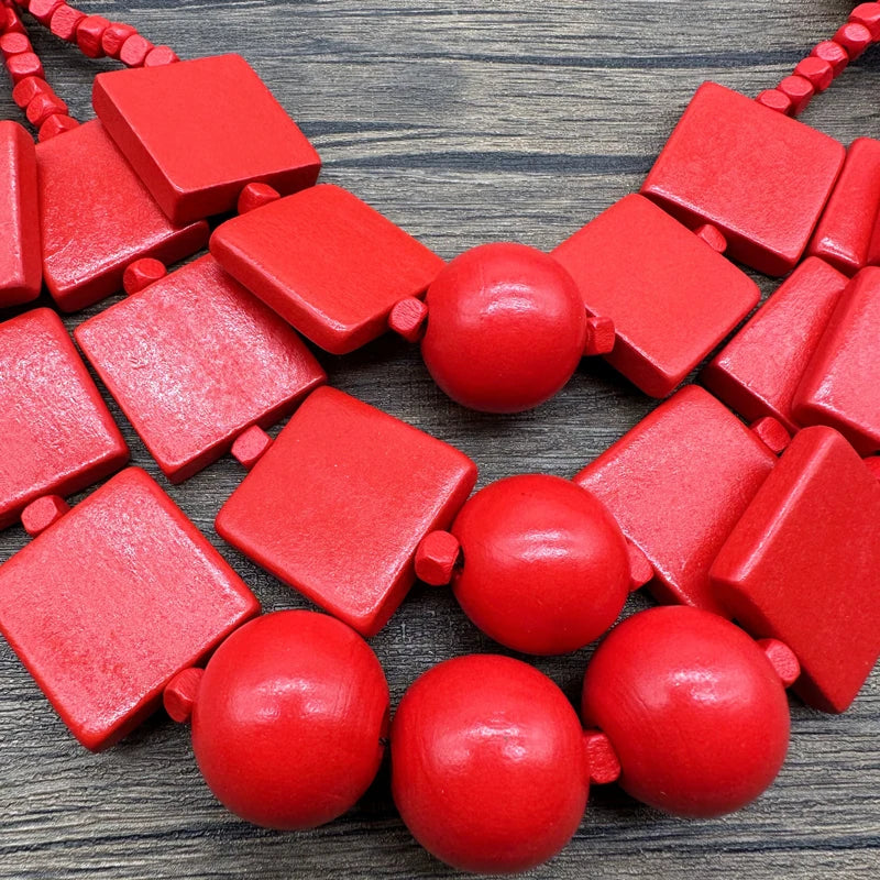 Boho Red Geometric Woods Necklaces For Women Long Wooden Beads Pendant Statement Necklace Beaded Ethnic Jewelry Handmade