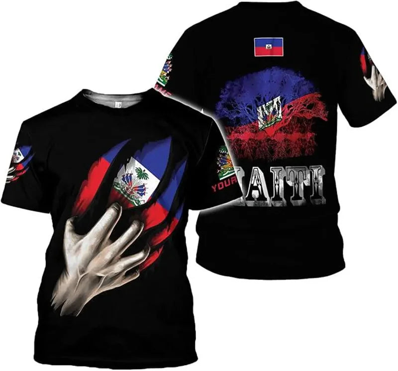Haitian Flag Pattern Men's T-shirt 3D Printed Haiti National Emblem Short Sleeves Fashion Tops T Shirts National Day Tee Shirt