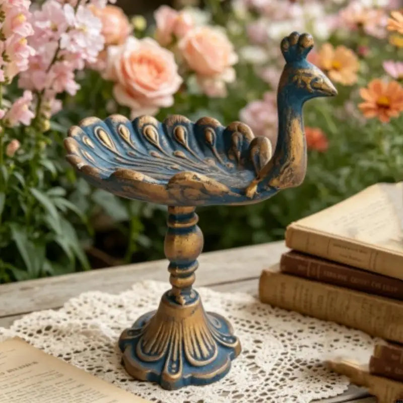 Peacocks Holders Cast Iron Antique Decorative Tray Bird Feeder with Raised Feathered Detail for Home Garden Patios 37JD