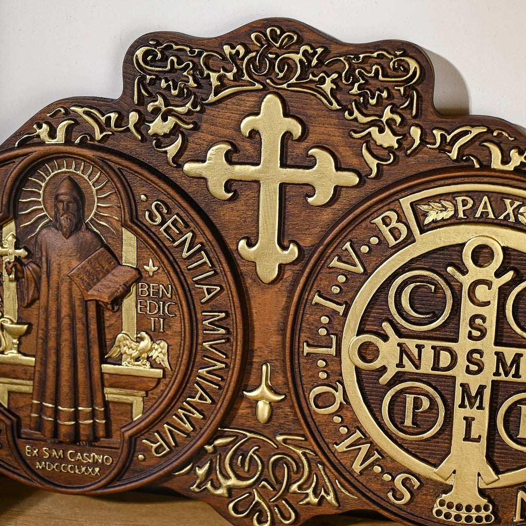 saint benedict medal , exorcism plaque, catholic icon, church, religious object, baptism, wood carving wall decoration