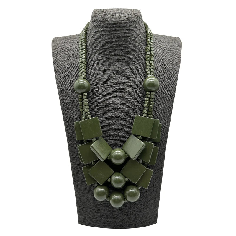 Boho Red Geometric Woods Necklaces For Women Long Wooden Beads Pendant Statement Necklace Beaded Ethnic Jewelry Handmade