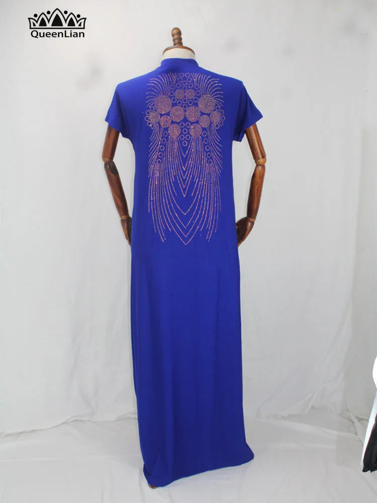 New African Design Bazin  Long Stick Diamond Short Sleeve High Collar Dashiki  For Lady african print dresses