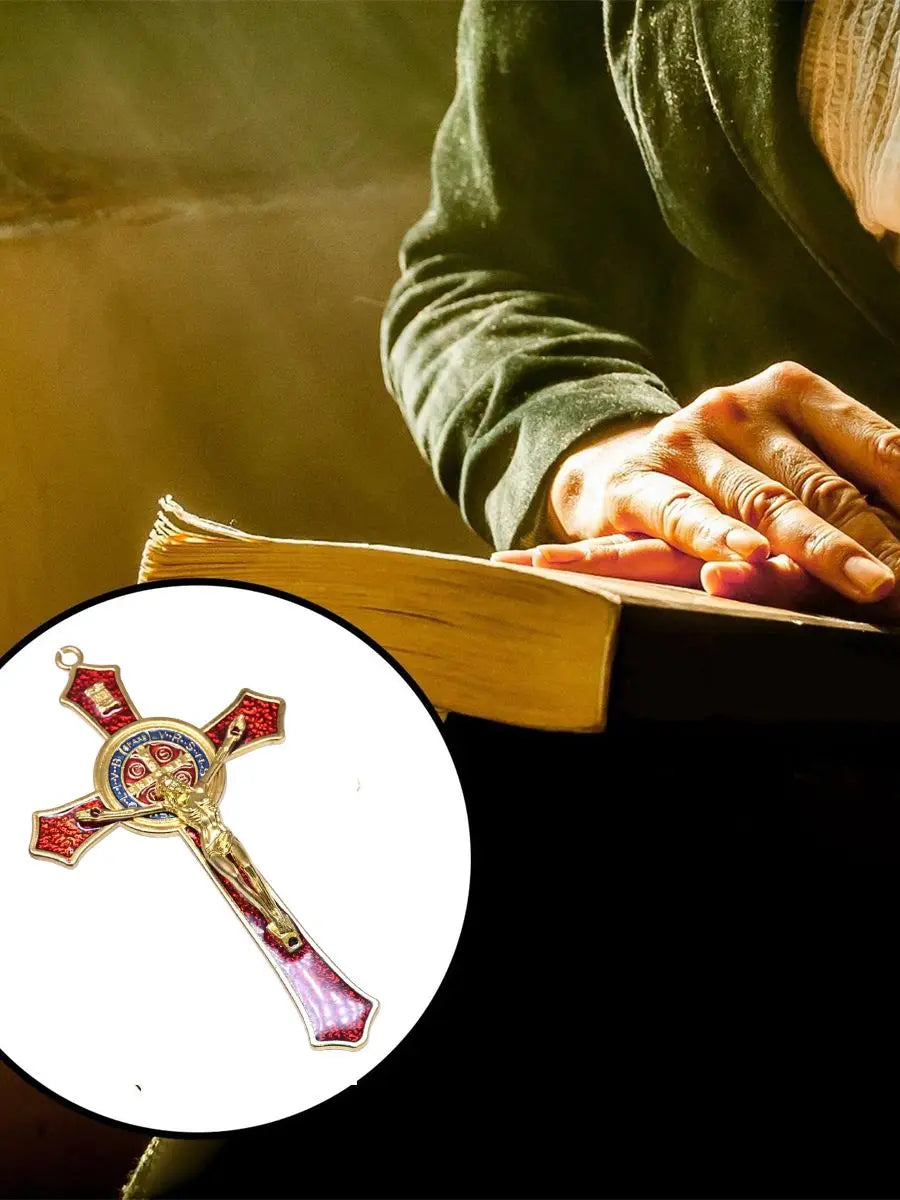 Saint Benedict Benedictine Red Enamel 4.7X2.7 Inch Protection Wall Crucifix Cross Catholic San Benito Medalla Prayer Decoration