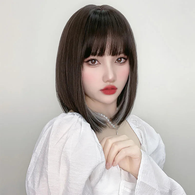 Wig Woman Short Straight Hair Hanging Ears Dyed Collarbone Hair High Temperature Silk Synthetic Fiber Hair Full Head Set