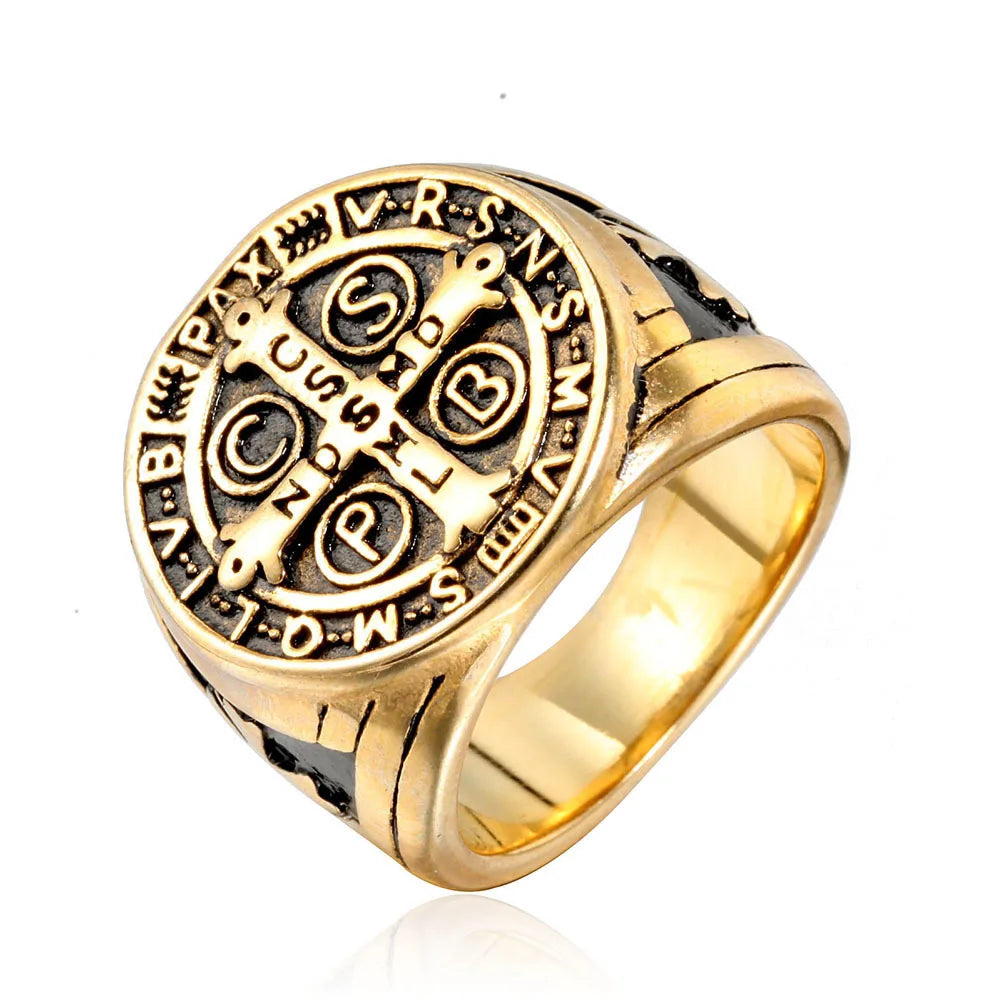 Religious Saint Benedict Cross Ring Antique Silver Plated Metal Catholic Exorcism Church Men Jewelry Gift Wholesale