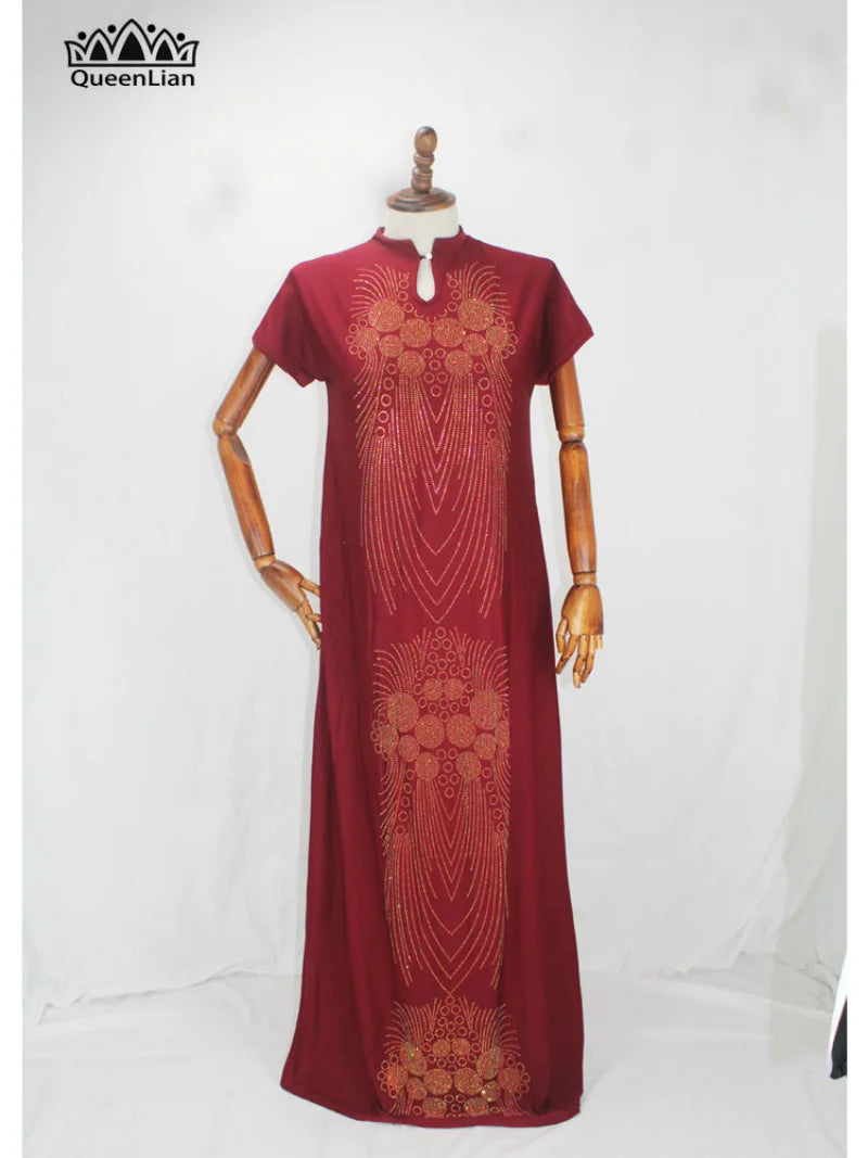 New African Design Bazin  Long Stick Diamond Short Sleeve High Collar Dashiki  For Lady african print dresses