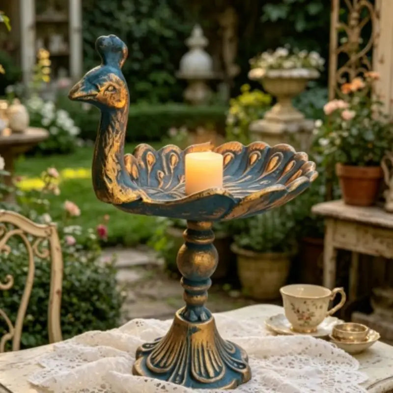 Peacocks Holders Cast Iron Antique Decorative Tray Bird Feeder with Raised Feathered Detail for Home Garden Patios 37JD