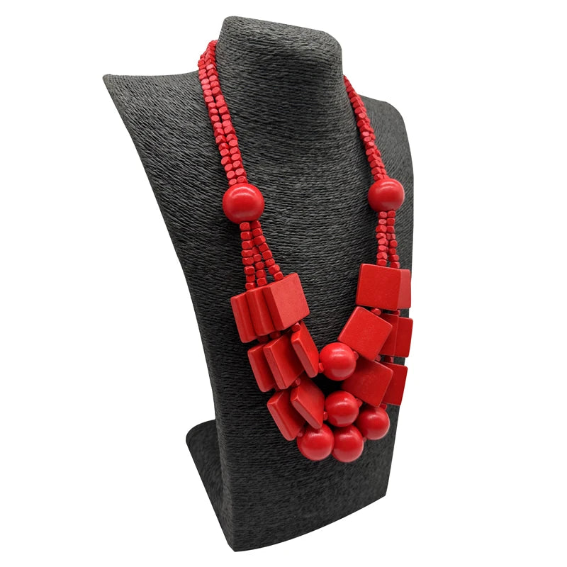 Boho Red Geometric Woods Necklaces For Women Long Wooden Beads Pendant Statement Necklace Beaded Ethnic Jewelry Handmade