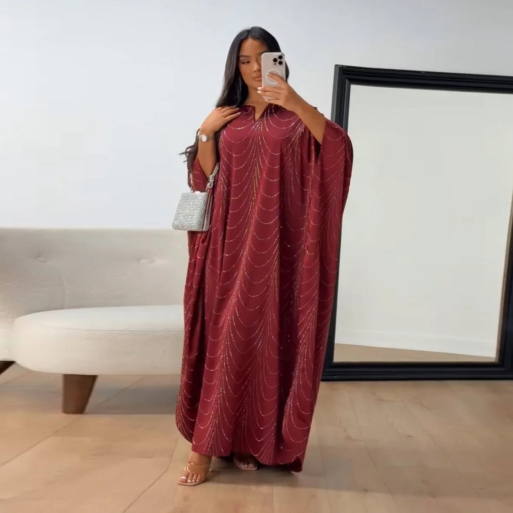 Muslim Women Loose Fit Rhinestone Wave Embellished V Neck Open Front Abaya Dress Wide Sleeve Modest Dress