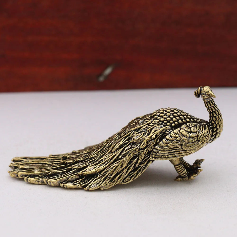 Brass Long Tailed Peacock Figurines Desktop Ornament Vintage Animal Peafowl Bird Small Statue Home Decoration Crafts Accessories