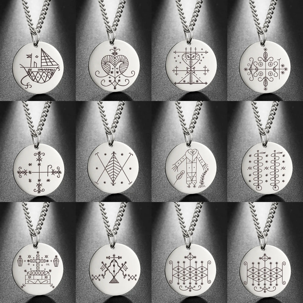 LIKGREAT Vodou Voodoo Pendant Necklaces Stainless Steel Agwe Ezili Dantor Ogoun Gran Bwa Papa Legba Veves Symbol Amulet Jewelry