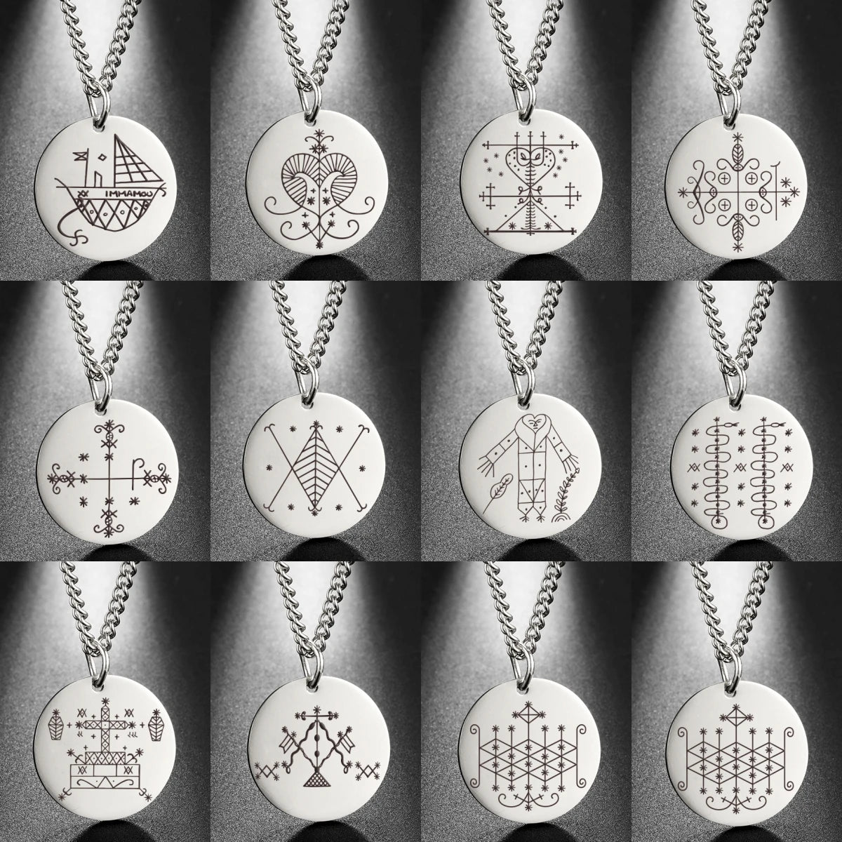 LIKGREAT Vodou Voodoo Pendant Necklaces Stainless Steel Agwe Ezili Dantor Ogoun Gran Bwa Papa Legba Veves Symbol Amulet Jewelry