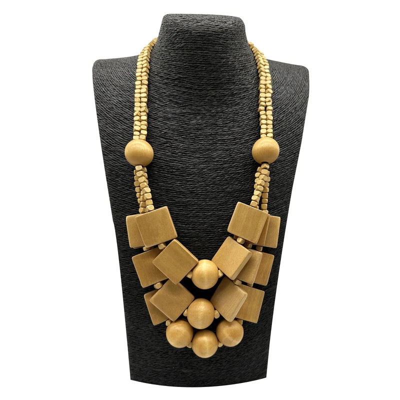 Boho Red Geometric Woods Necklaces For Women Long Wooden Beads Pendant Statement Necklace Beaded Ethnic Jewelry Handmade