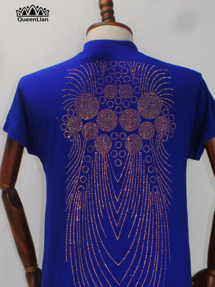 New African Design Bazin  Long Stick Diamond Short Sleeve High Collar Dashiki  For Lady african print dresses