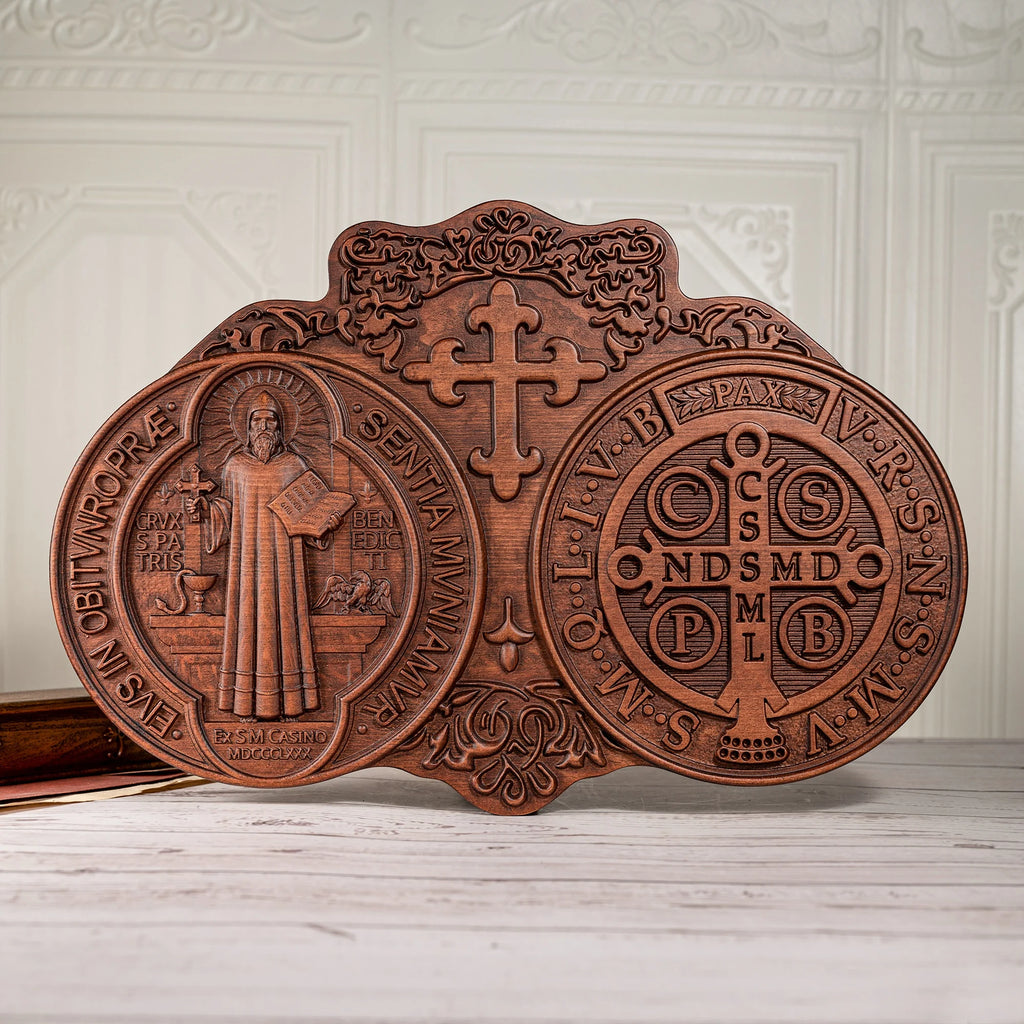 saint benedict medal , exorcism plaque, catholic icon, church, religious object, baptism, wood carving wall decoration
