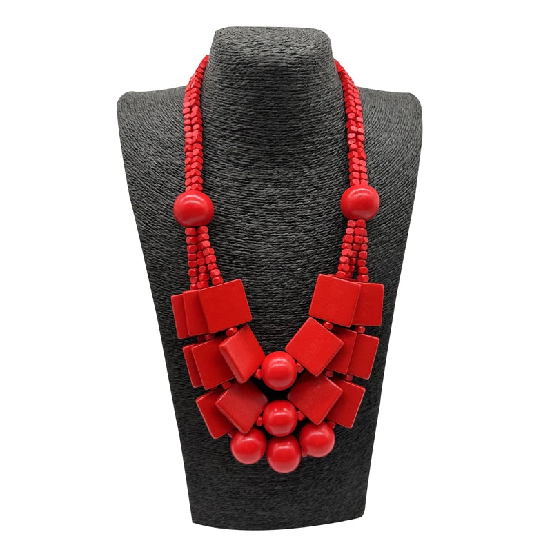 Boho Red Geometric Woods Necklaces For Women Long Wooden Beads Pendant Statement Necklace Beaded Ethnic Jewelry Handmade