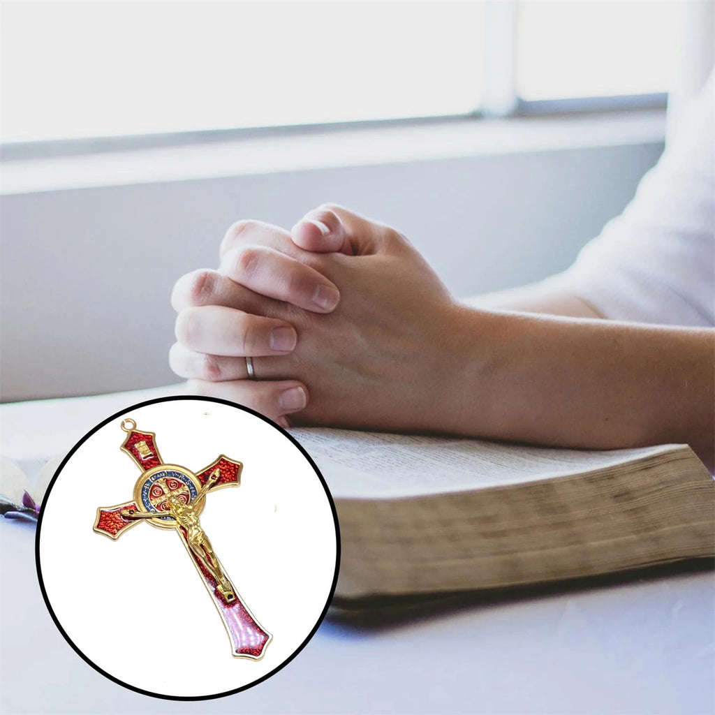Saint Benedict Benedictine Red Enamel 4.7X2.7 Inch Protection Wall Crucifix Cross Catholic San Benito Medalla Prayer Decoration