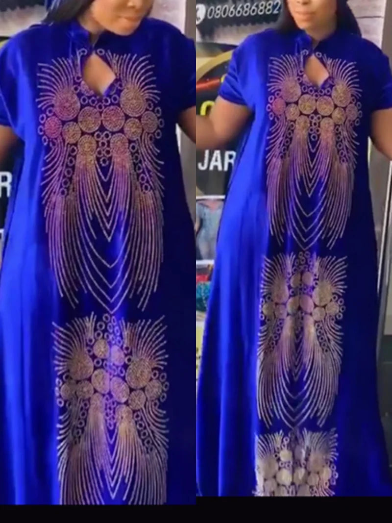 New African Design Bazin  Long Stick Diamond Short Sleeve High Collar Dashiki  For Lady african print dresses
