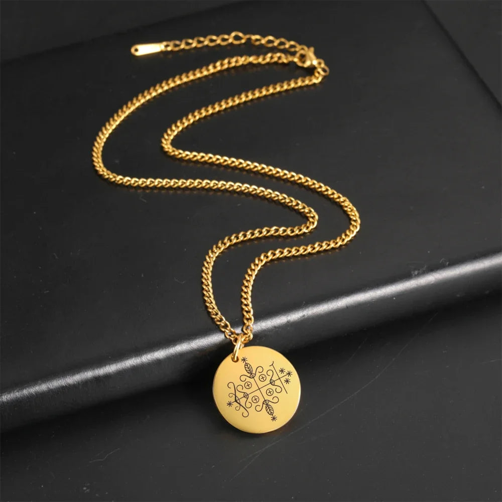 LIKGREAT Vodou Voodoo Pendant Necklaces Stainless Steel Agwe Ezili Dantor Ogoun Gran Bwa Papa Legba Veves Symbol Amulet Jewelry