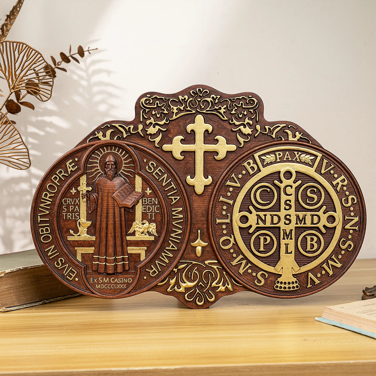saint benedict medal , exorcism plaque, catholic icon, church, religious object, baptism, wood carving wall decoration