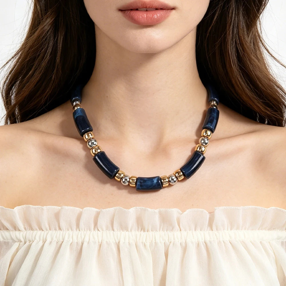 Navy Blue Marble Effect Tube Bead Statement Necklace With Gold And Silver Tone Spacers Boho Jewelry For Womens Fall Winter