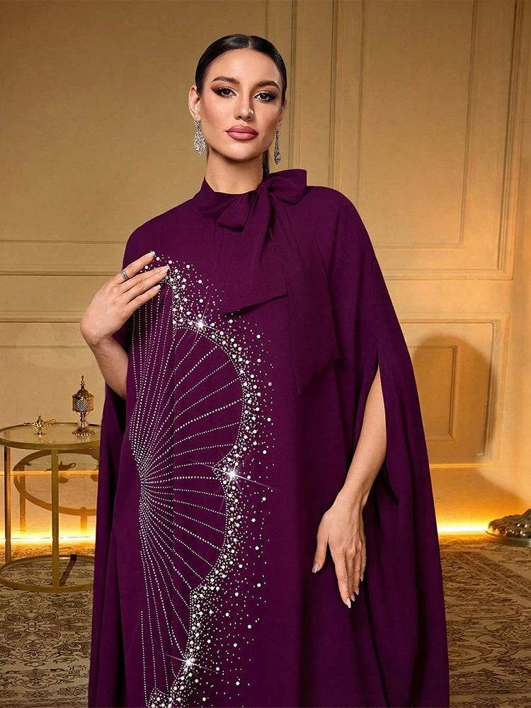 TOLEEN Luxury Rhinestone Fan Pattern Abaya Bow Collar Batwing Sleeve Loose Maxi Kaftan Dubai Muslim Party Dress For Women