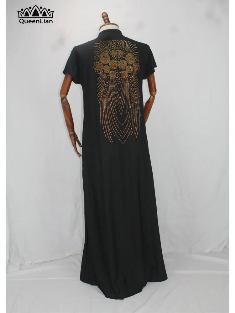 New African Design Bazin  Long Stick Diamond Short Sleeve High Collar Dashiki  For Lady african print dresses