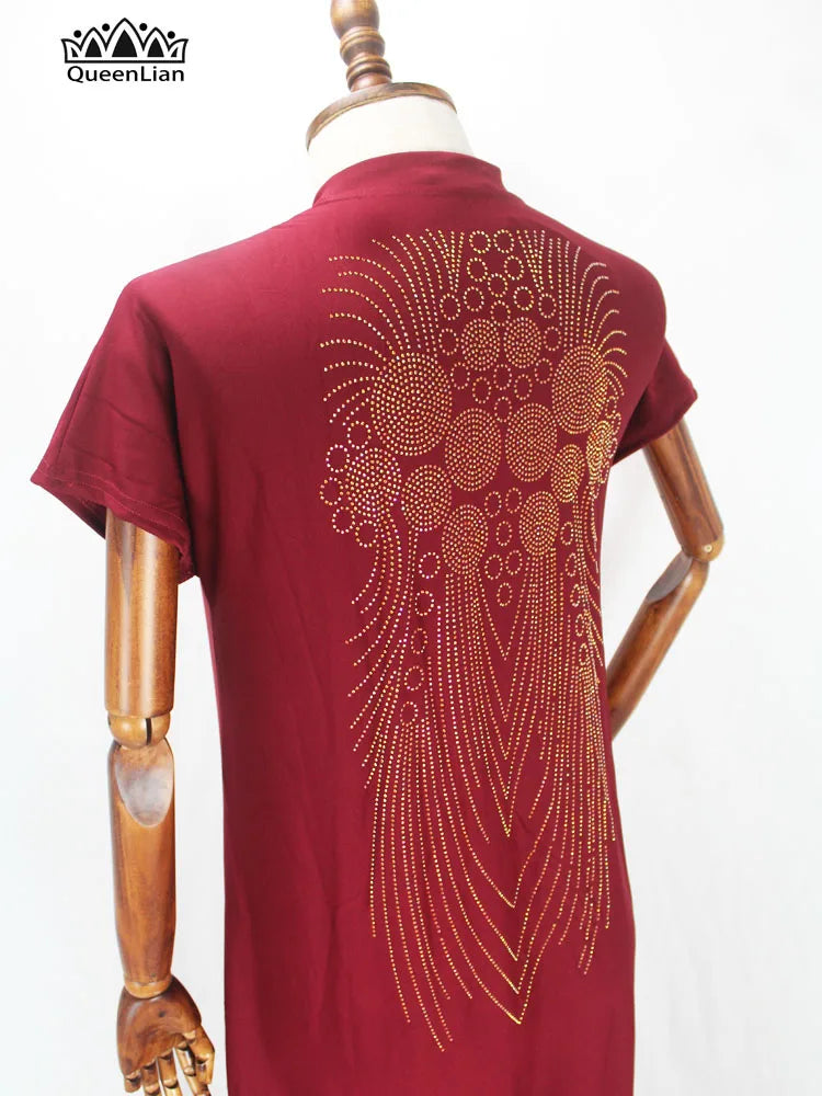 New African Design Bazin  Long Stick Diamond Short Sleeve High Collar Dashiki  For Lady african print dresses