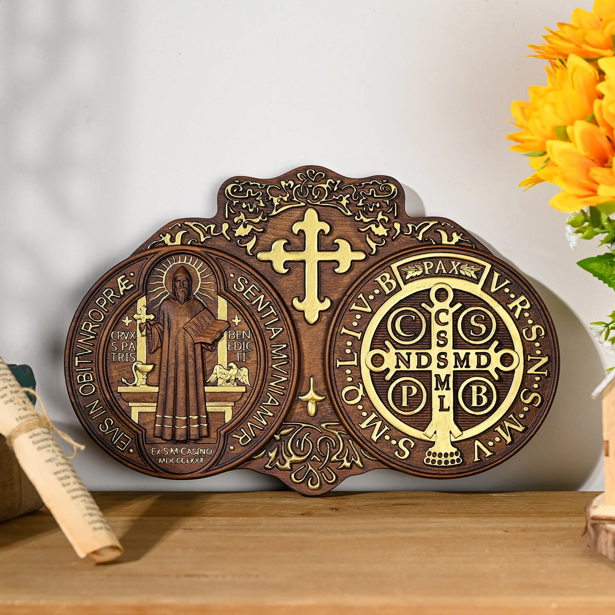 saint benedict medal , exorcism plaque, catholic icon, church, religious object, baptism, wood carving wall decoration