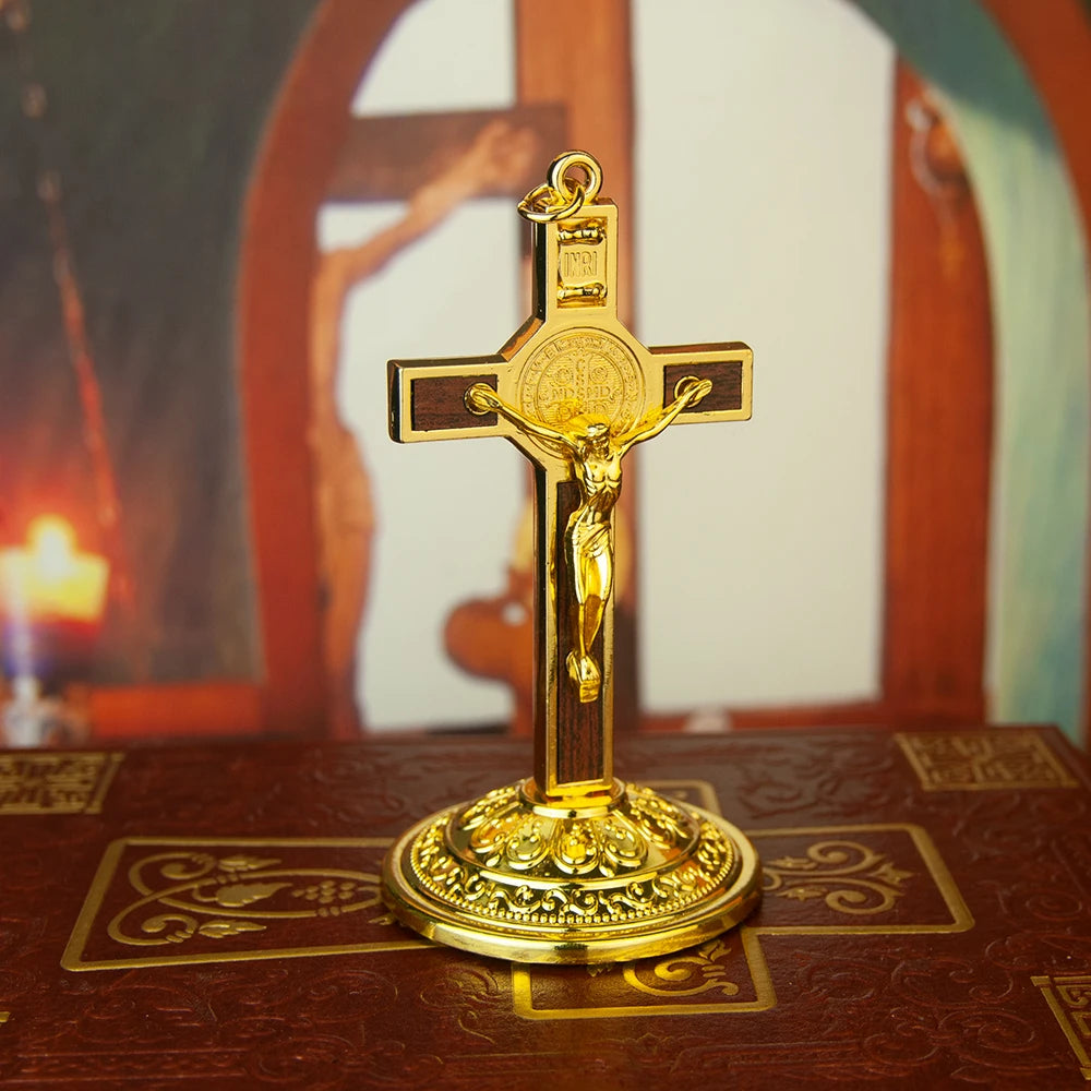Catholic Cross Saint Benedict Cross 3.5In Gold Silver Plated Alloy Craft Church Spiritual Gift Religious Decor