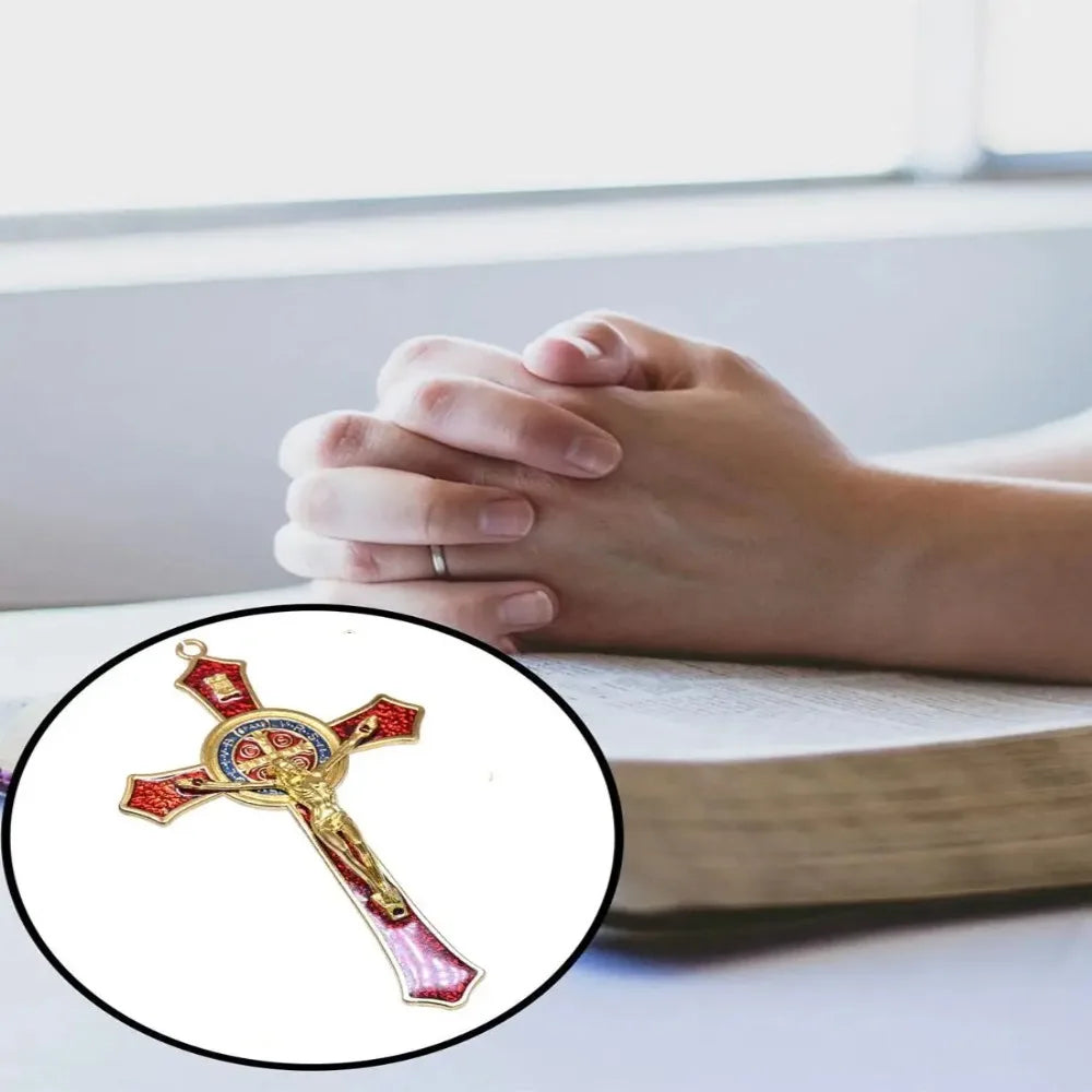 Saint Benedict Benedictine Red Enamel Protection Wall Crucifix Cross Catholic San Benito Medal Prayer Decoration
